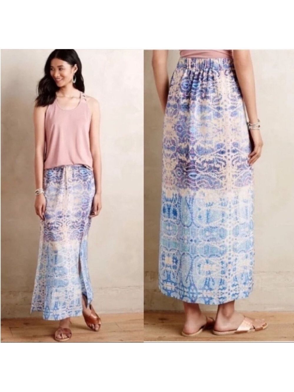 Anthropologie Maeve Waimea Watercolor Pastel Ombre Silk Printed Maxi Skirt, XS